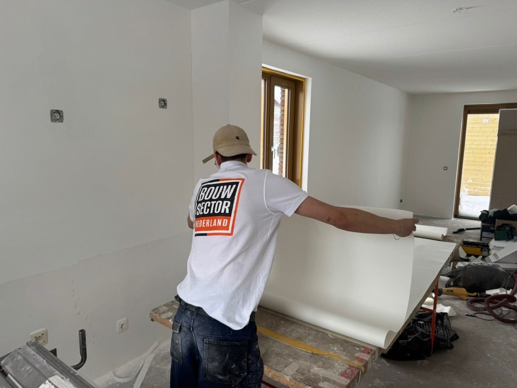 Vakman van Bouwsector Nederland rolt een baan renovlies uit op de plaktafel in een nieuwbouwwoning