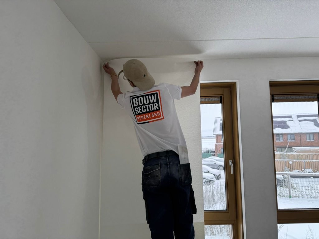 Vakman van Bouwsector Nederland zet een baan renovlies strak tegen het plafond aan